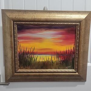 Original Framed Acrylic Sunset on Marsh 11x14 + frame Signed Hazel Gardener '12